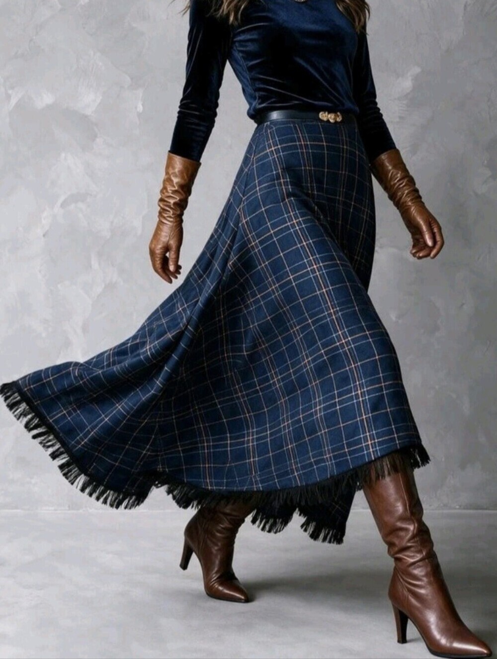 Navy Blue Plaid Asymmetrical Hem Skirt Autumn Outfit Cowgirl Outfits For Women - Picture 6 of 7
